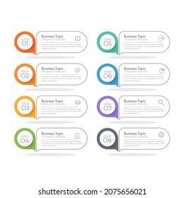 Modern infographics business design with 8 option concepts, parts, steps or processes can be used for workflow layout, diagram, number options, web design. infographic element.