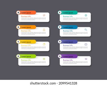 Modern infographics business design with 8 option concepts, parts, steps or processes can be used for workflow layout, diagram, number options, web design. infographic element.