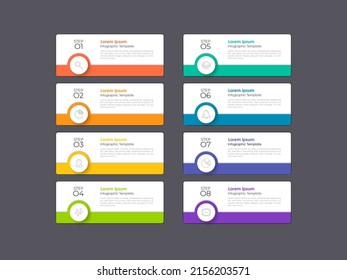 Modern infographics business design with 8 option concepts, parts, steps, arrows or processes can be used for workflow layout, diagram, number options, web design, element and banner.