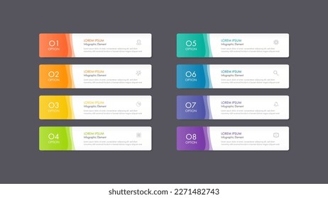 Modern infographics business design with 8 option concepts, parts, steps or processes can be used for workflow layout, diagram, number options, web design. infographic element.