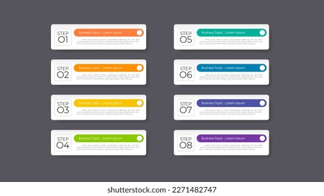 Modern infographics business design with 8 option concepts, parts, steps or processes can be used for workflow layout, diagram, number options, web design. infographic element.