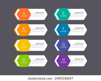 Modern infographics business design with 8 option concepts, parts, steps or processes can be used for workflow layout, diagram, number options, web design. infographic element.