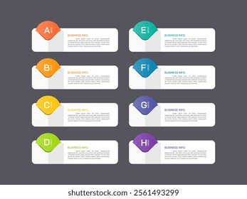 Modern infographics business design with 8 option concepts, parts, steps or processes can be used for workflow layout, diagram, number options, web design. infographic element.