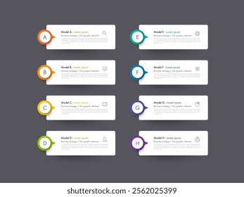 Modern infographics business design with 8 option concepts, parts, steps or processes can be used for workflow layout, diagram, number options, web design. infographic element.