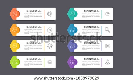 Modern infographics business design with 8 option concepts, parts, steps or processes can be used for workflow layout, diagram, number options, web design. infographic element.