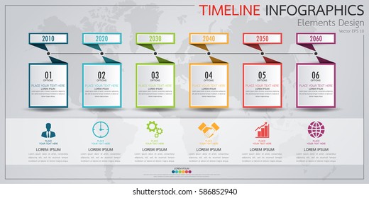 Modern infographics business horizontal timeline process chart template. Vector banner used for presentation and workflow layout diagram, web design. Abstract elements of graph 6 steps options.