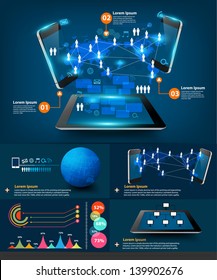 Modern infographics business technology communication, Creative virtual networking information process diagram mobile phones and tablet computer pc connection, Vector illustration template design work