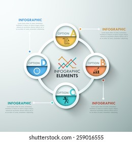 Modern infographics cycle template with 4 paper circles, icons and doodles. Vector. Can be used for web design and  workflow layout