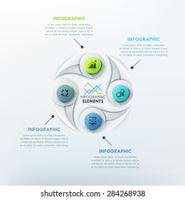 Modern infographics cycle template with 4 colorful curved drop shapes and icons. Vector. Can be used for web design and  workflow layout