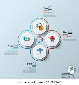 Modern infographics cycle template with 4 white circles, icons and arrows. Vector. Can be used for web design, presentations, brochures and workflow layout