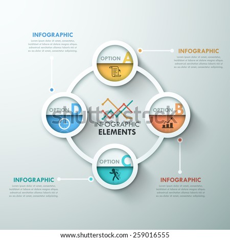 Modern infographics cycle template with 4 paper circles, icons and doodles. Vector. Can be used for web design and  workflow layout