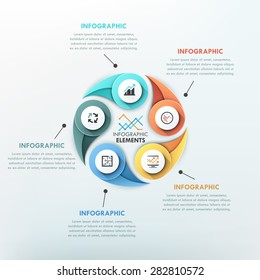 Modern infographics cycle template with 5 colorful curved drop shapes and icons. Vector. Can be used for web design and  workflow layout
