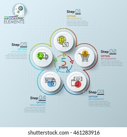 Modern infographics cycle template with 5 white circles, icons and arrows. Vector. Can be used for web design, presentations, brochures and workflow layout
