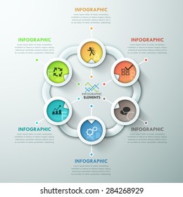 Modern infographics cycle template with 6 paper circles, icons and doodles. Vector. Can be used for web design and  workflow layout