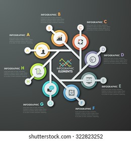 Modern infographics cycle template with 8 connected paper circles, icons on grey background. Vector. Can be used for web design and  workflow layout