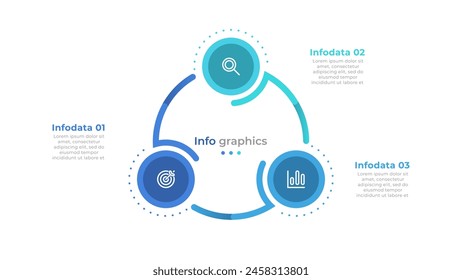 Modern infographics cycle template with circles and 3 options, steps, or processes. Vector illustration. Can be used for workflow diagrams, info charts, and graphic elements.