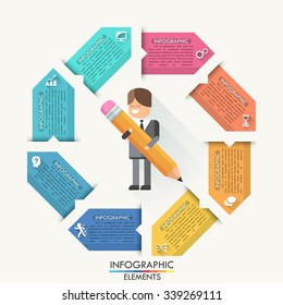 Modern infographics cycle template with flat style doodle businessman and paper ribbons for 8 options. Vector. Can be used for web design and  workflow layout