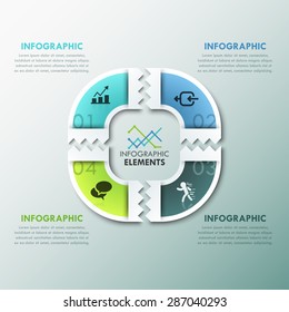 Modern infographics cycle template with paper path divided into 4 steps, icons and text. Vector. Can be used for web design and  workflow layout