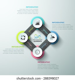 Modern infographics cycle template with paper circles,ribbons and icons for 4 options. Vector. Can be used for web design and  workflow layout