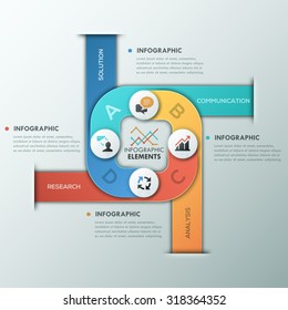 Modern infographics cycle template with paper circles,ribbons and icons for 4 options. Vector. Can be used for web design and  workflow layout