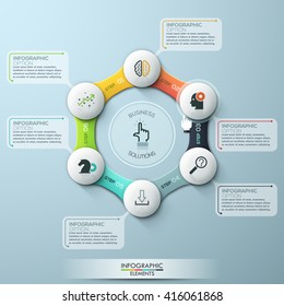 Plantilla de ciclo de infografía moderna con círculos de papel, cintas e íconos para 6 opciones. Vector. Se puede utilizar para el Diseño web y el diseño del flujo de trabajo