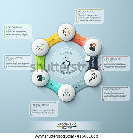 Modern infographics cycle template with paper circles,ribbons and icons for 6 options. Vector. Can be used for web design and  workflow layout