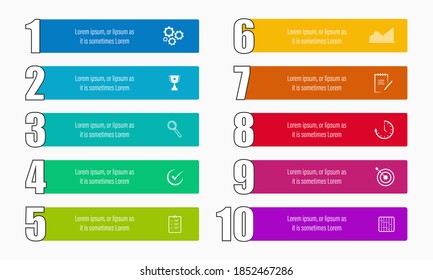 Diseño de infografías modernas con 10 opciones con iconos empresariales y cuadro de texto, presentación y plantilla web