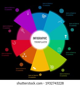 Modern infographics design in 10 steps of pie chart with business icons and text box, presentation and web template