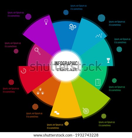 Modern infographics design in 10 steps of pie chart with business icons and text box, presentation and web template