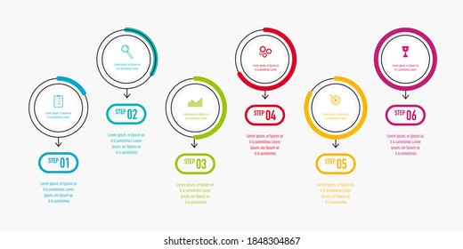 Modern infographics design with 6 options in circle shape with business icons and text box, presentation and web template