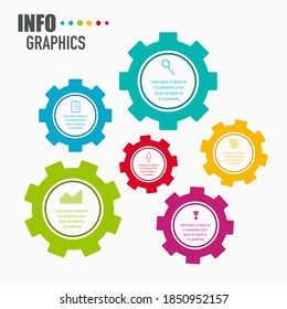 Modern infographics design with 6 options in gear shape with business icons and text box, presentation and web template