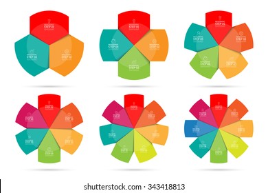 Modern infographics design colorful circle template set. Can be used  for web, diagram, graph, report, round chart. 3, 4, 5, 6, 7, 8 steps vector background