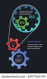 Modern infographics with elements in the form of gears that symbolize the process of an idea or strategy in business. The elements are interconnected, creating a sense of network and support.