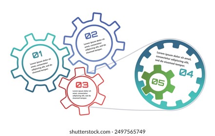 Modern infographics with elements in the form of gears that symbolize the process of an idea or strategy in business. The elements are interconnected, creating a sense of network and support.