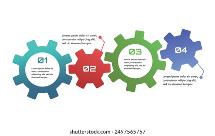 Infografía moderna con Elementos en forma de engranajes que simbolizan el proceso de una idea o estrategia en los negocios. Los Elementos están interconectados, creando una sensación de red y Asistencia.