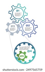 Infografía moderna con Elementos en forma de engranajes que simbolizan el proceso de una idea o estrategia en los negocios. Los Elementos están interconectados, creando una sensación de red y Asistencia.