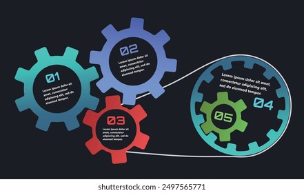 Modern infographics with elements in the form of gears that symbolize the process of an idea or strategy in business. The elements are interconnected, creating a sense of network and support.