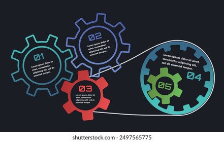 Modern infographics with elements in the form of gears that symbolize the process of an idea or strategy in business. The elements are interconnected, creating a sense of network and support.