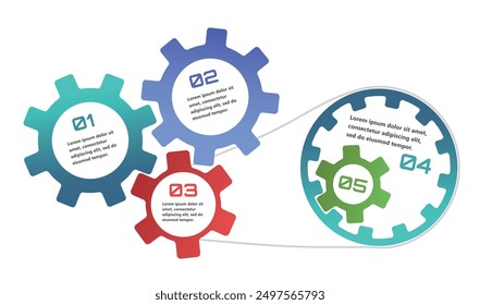 Infografía moderna con Elementos en forma de engranajes que simbolizan el proceso de una idea o estrategia en los negocios. Los Elementos están interconectados, creando una sensación de red y Asistencia.