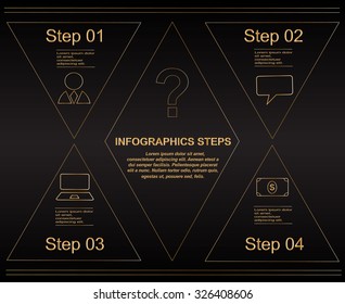 Modern infographics elements and steps with many icons black and gold