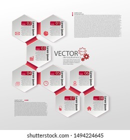 Modern infographics. The layout of the business plan. Presentation of the new project. Eight steps of development. Directional diagram. Hexagon. Graphic information. Marketing. Vector illustration.