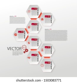 Modern infographics. Layout for the business plan. Presentation of the new project. Eight steps of development. Hexagon. Graphic information. Marketing. Vector illustration.