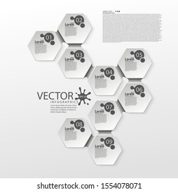 Modern infographics. The layout of the business plan. Presentation of a new project. Nine steps of development. Web design element. Graphic information. Marketing. Vector illustration.
