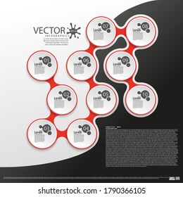 Modern infographics. Layout for the business plan. Presentation of a new project. Ten steps of development. Web design element. Graphic information. Marketing. Vector illustration.