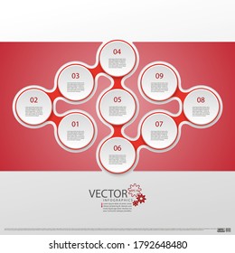 Modern infographics. Layout for the business plan. Presentation of a new project. Nine steps of development. Web design element. Graphic information. Marketing. Vector illustration.