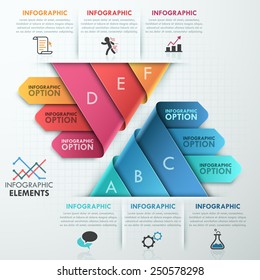 Modern infographics options banner with 2 pyramids made of 6 realistic curved colorful ribbons. Vector. Can be used for web design and  workflow layout