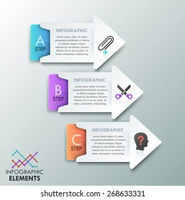 Modern infographics options banner with 3 unusual paper arrows and icons on bright background. Vector. Can be used for web design and  workflow layout