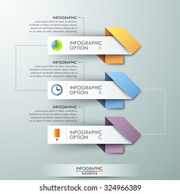 Modern infographics options banner with 3 arrows made of colorful paper rectangles and flat icons. Vector. Can be used for web design and  workflow layout