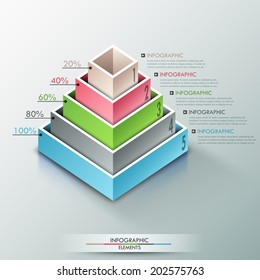 Modern infographics options banner with 3d pyramid for 5 options made of colorful blocks. Vector. Can be used for web design and  workflow layout