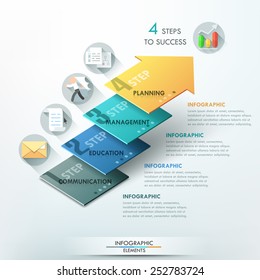 Modern infographics options banner with 3d colorful arrow divided into 4 parts. Vector. Can be used for web design and  workflow layout